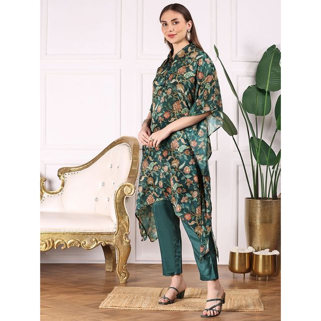 Ishin Set Completo Donna – Kurta A-Line Ricamata In Cotone Con Pantaloni E Dupatta – Bianco E Verde - 2