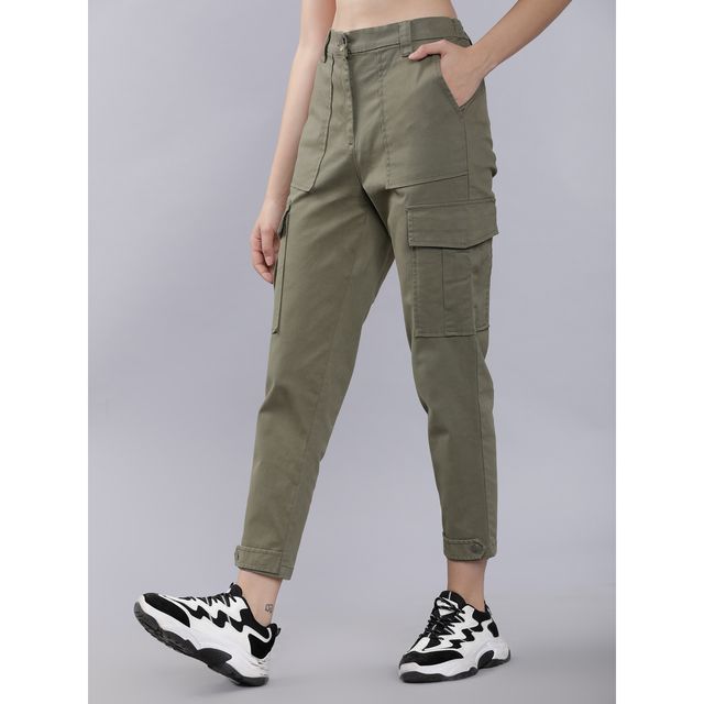 Tokyo Talkies Women's Regular Fit Solid Cargos | Olive Green - 30