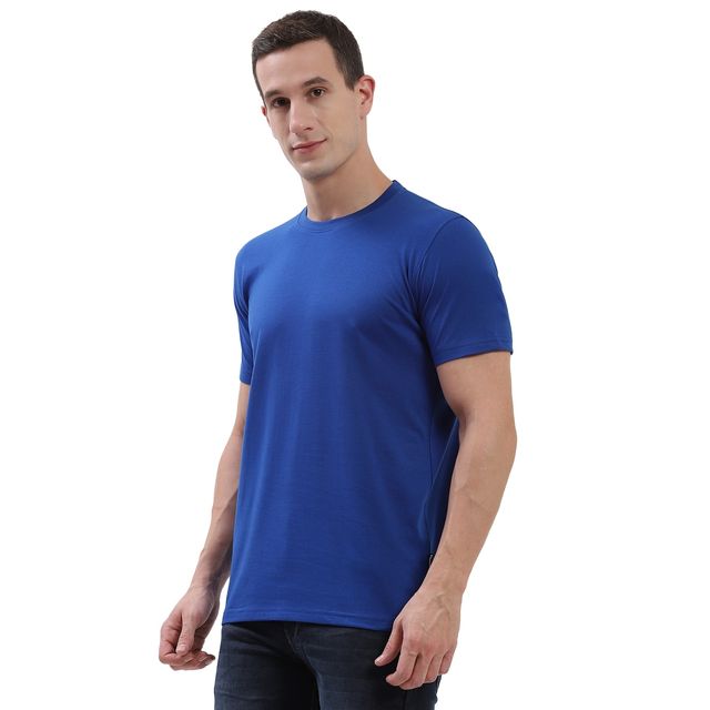 hummel Men's Cam Round Neck Solid Regular Fit Cotton Poly T-shirt | Blue - S