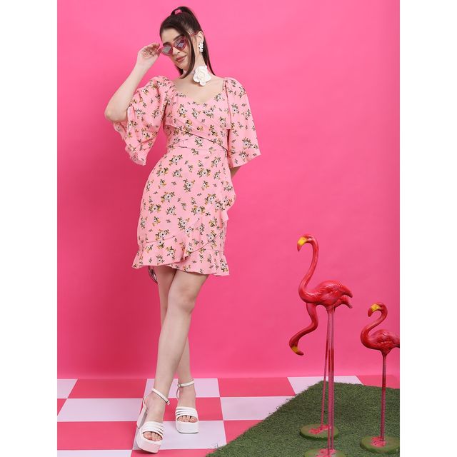 Ketch Women's Floral Printed Flared Sleeve Ruffled Wrap Dress | Multicolor - S