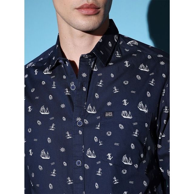 The Indian Garage Co Men's Slim Fit Conversational Print Casual Shirt | Navy Blue - 2XL