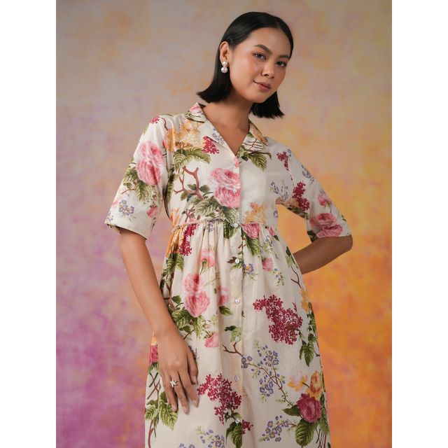 Sanskrutihomes Floral Print Fit & Flare Dress for Women s | Off White | M