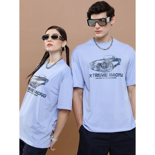 Highlander Unisex Typography Printed Applique Drop-shoulder Oversized T-shirt - Blue | L