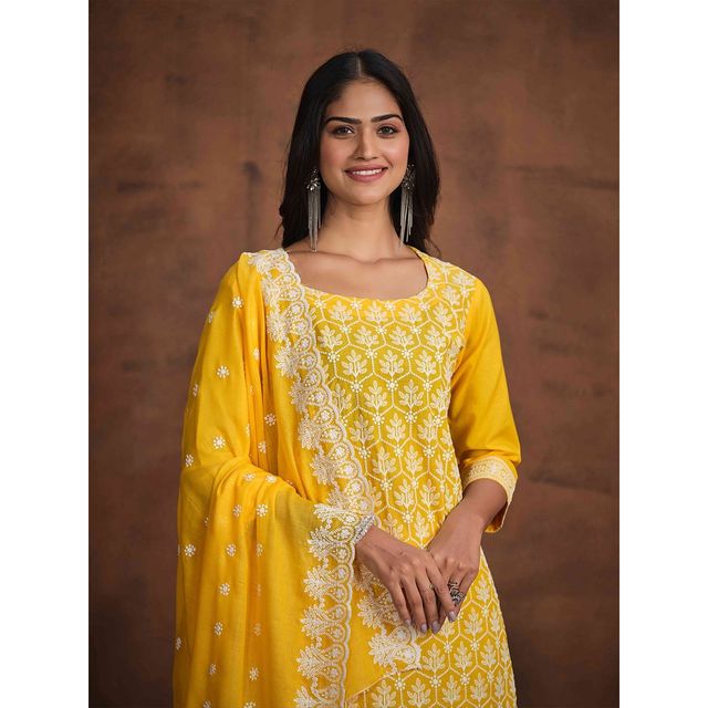 Ishin Women Kurta Set with Dupatta | INWSDS24012 | Yellow - XL