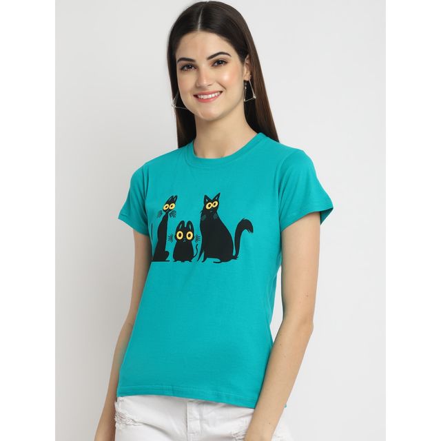 Fabflee Women Regular Cotton Printed Round Neck Tshirt | Aqua Blue | FAB-WT-39 | L