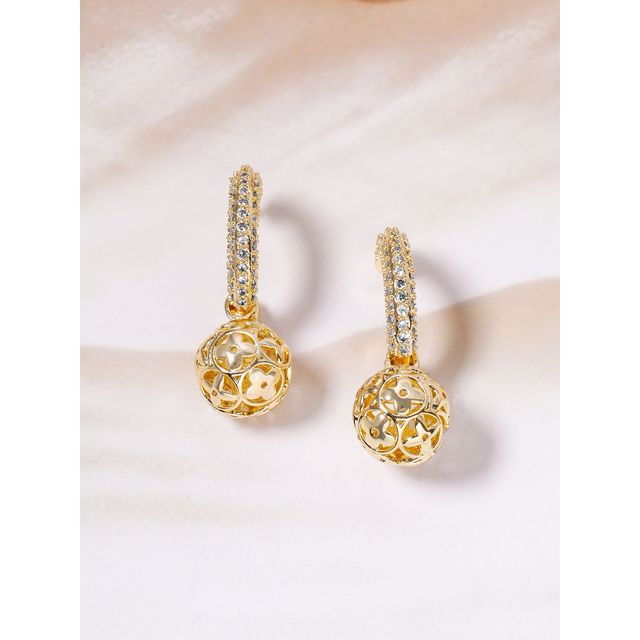 Rubans 18K Gold-Plated Cubic Zicronia Studded Open Hoop Earrings with Filigree Detailing