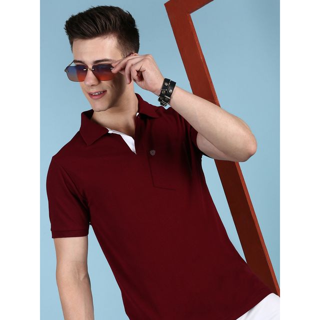 Lux Cozi Men's Solid Cotton Polo T-shirt with Pocket | Maroon - L