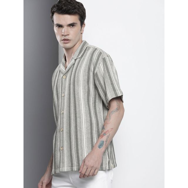 The Indian Garage Co Men's Relaxed Fit Striped Resort Wear Half Sleeve Shirt | Cream - S