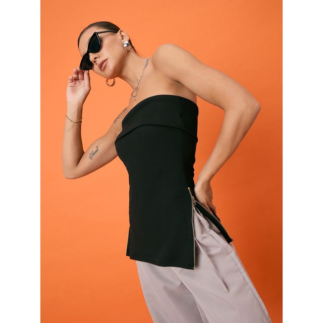 Uptownie Women's Strapless Ribbed Stretchable Zip Detailing Top | 120018822 | Black - XL