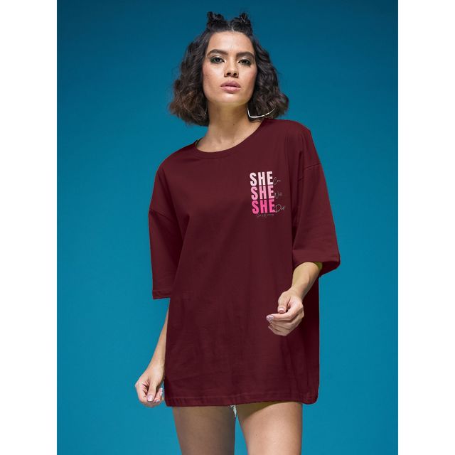 Smartees Women's Oversize Printed T-shirt | WW - 2045 | Maroon - M