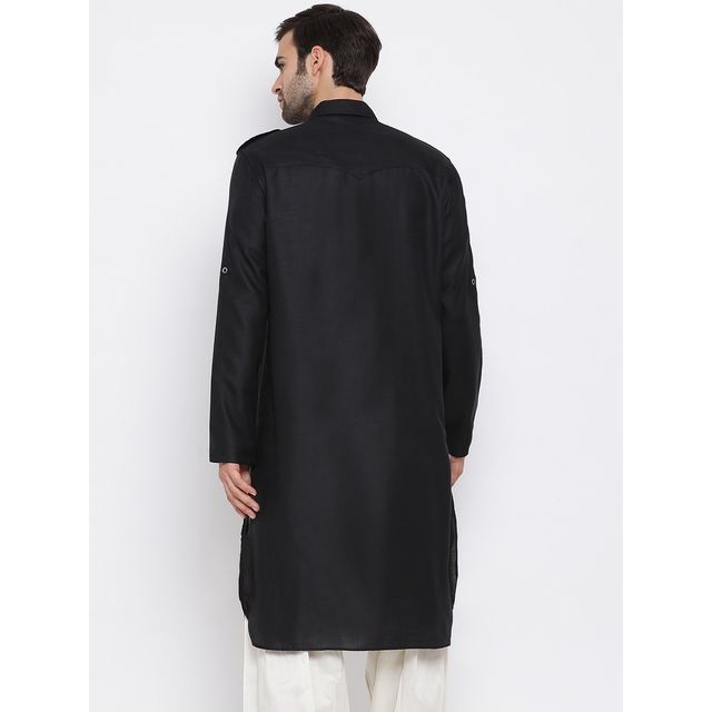 Vastramay Men's Cotton Blend Pathani Kurta | Black - XXL