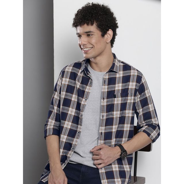 The Indian Garage Co Men's Regular Fit Checkered Casual Shirt | Navy - 2XL