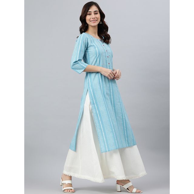 Janasya Women s Blue Pure Cotton Striped Straight Kurta - JNE3787-KR - S