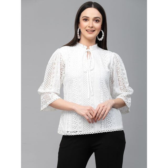 Style Quotient Women White Self Design Lace Regular Smart Casual Top | S | SS23SQSIKKIM - White