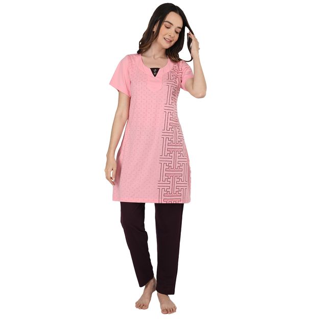 Duchess Women s Cotton Regular Fit Printed & Embroided Long Length Night Suit Set - Carrot | 2XL