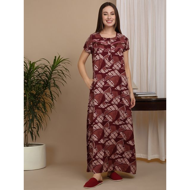 Sweet Dreams Women Printed Full Length Night Dress - L Ocw | 3826 Maroon
