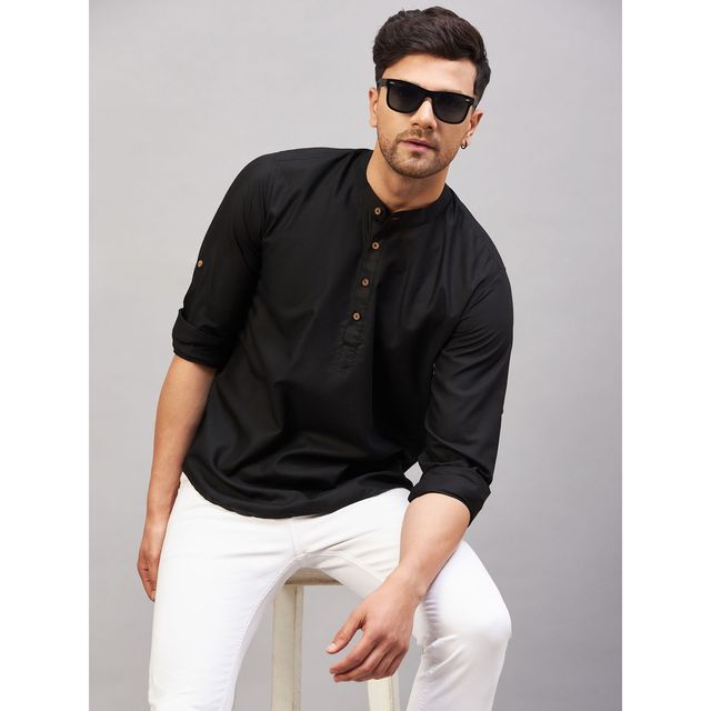 Vastramay Men's Black Cotton Blend Short Kurta | XL