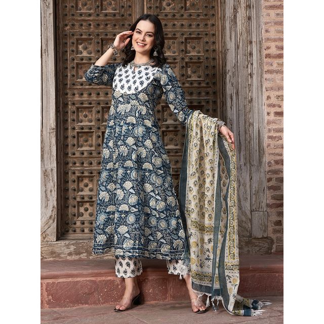 Bandia Women's Floral Printed Anarkali Kurta Trouser Set with Dupatta | BANKS0001 | Blue | XL