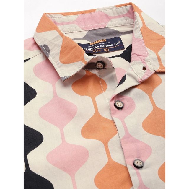 The Indian Garage Co Men's Regular Fit Abstract Print Casual Half Sleeve Shirt | Cream - M