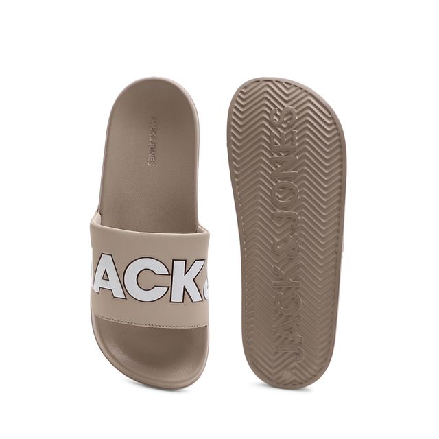Jack & Jones Men's Outline Contrast Logo Pool Sliders | Beige - UK 6