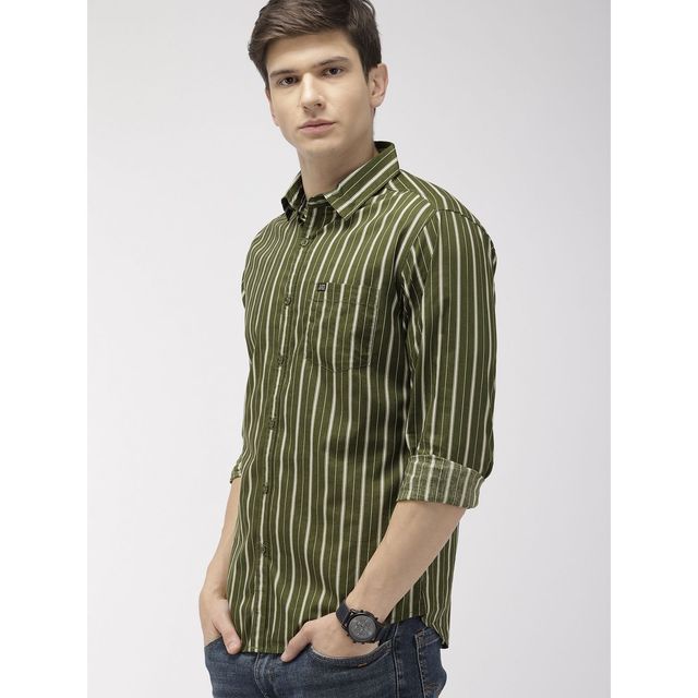The Indian Garage Co Men's Slim Fit Multi Stripes Casual Shirt | Olive - 2XL