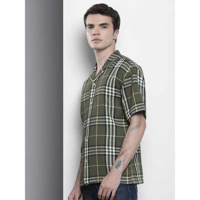 The Indian Garage Co Men's Relaxed Fit Checkered Resort Wear Half Sleeve Shirt | Green - S