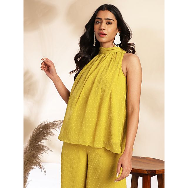 Janasya Women s Yellow Dobby Chiffon Self Design Co-Ord Set - SET916-TP-PP - S