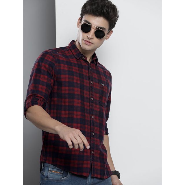 The Indian Garage Co Men's Slim Fit Checkered Casual Shirt | Maroon - XL