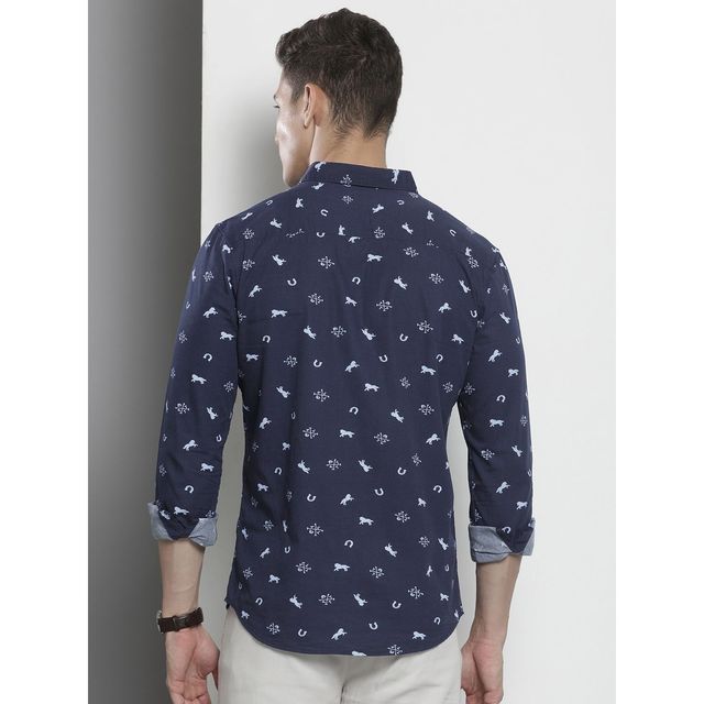 The Indian Garage Co Men's Regular Fit Animal Print Casual Shirt | Navy Blue - M