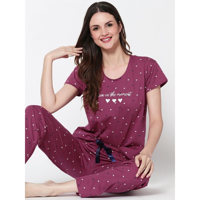 Zeyo Women Cotton Heart Printed Plum Red Night Suit Set of Top & Pyjama 5302-WN-5XL