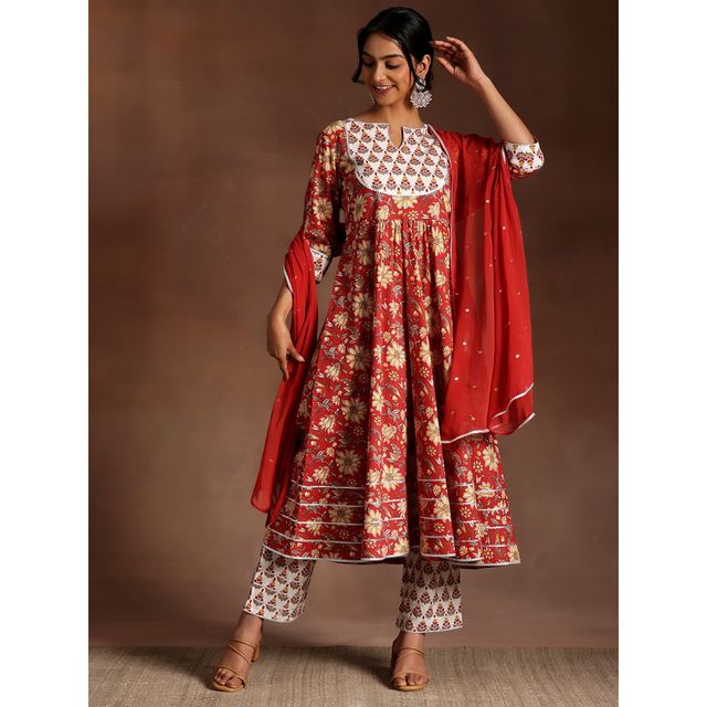 Libas Women's Red Printed Cotton Anarkali Suit With Dupatta | M