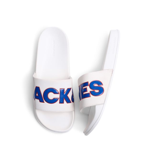 Jack & Jones Men's Contrast Logo PU Pool Sliders | White - UK 7