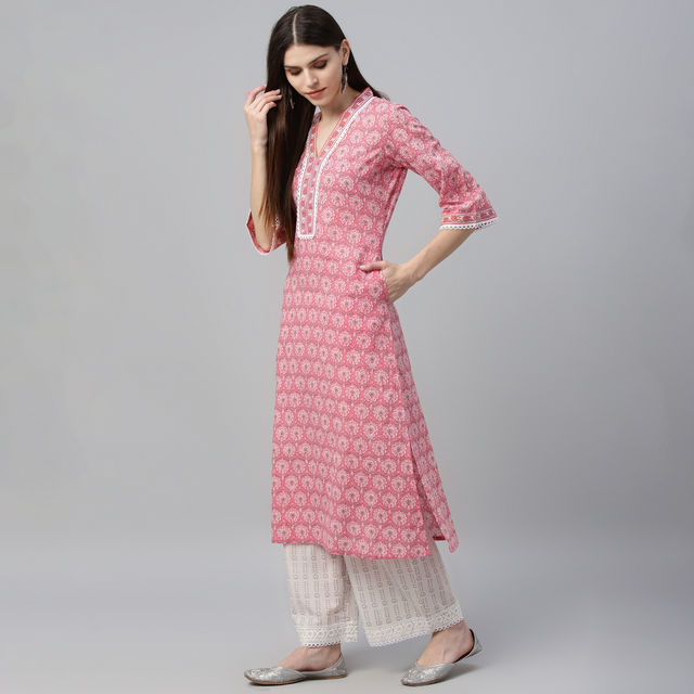 Libas Women Peach Floral Straight Cotton Kurta With Palazzo And Floral Dupatta - 35721XL