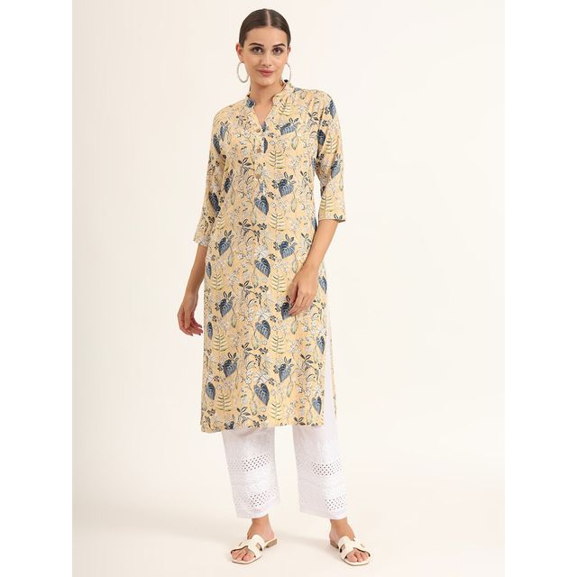 Divena Women s Yellow Floral Print Rayon Straight Kurta | DK2126 | XL