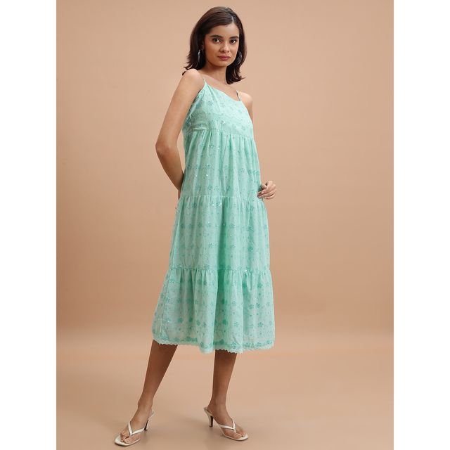 Ketch Women Floral Embroidered Tiered Gathered A-Line Midi Dress | Green | M