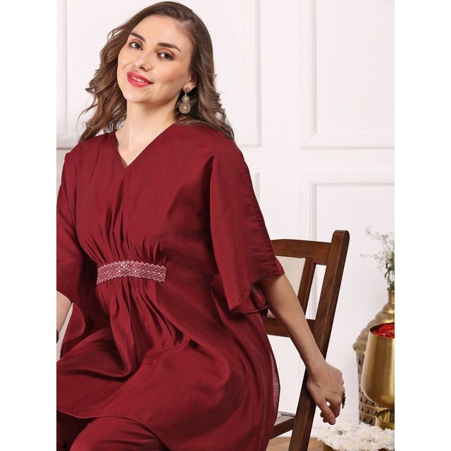 Ishin Women Kurta with Bottom Set | INWKTS24086 | Maroon - XL