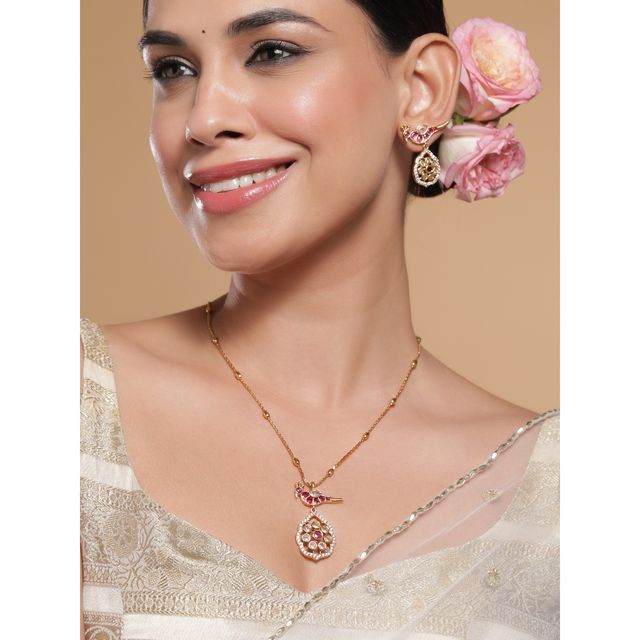 Rubans 22K Gold-Plated Ruby & Kundan with Zicronia Studded Peacock Design Necklace Set