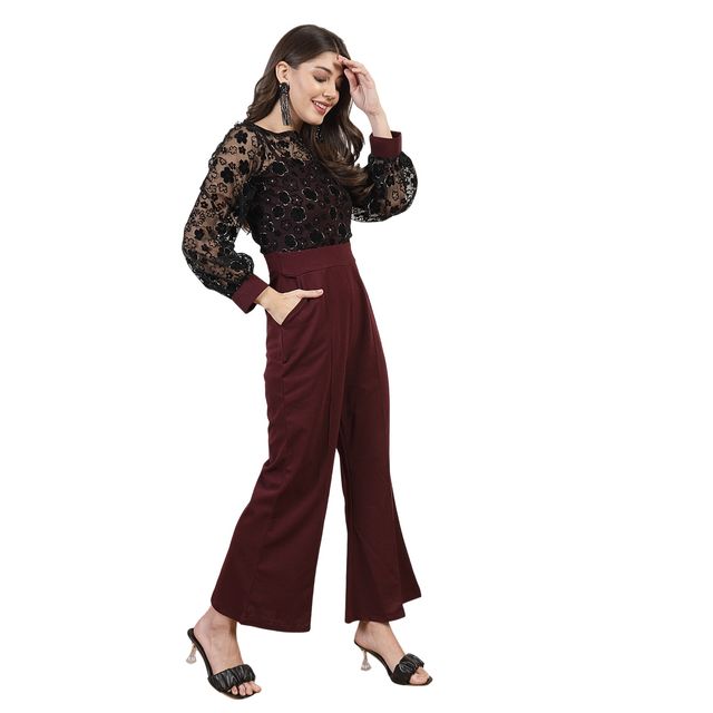 Athena Women's Floral Self Design Embellished Basic Jumpsuit | Maroon and Black - S