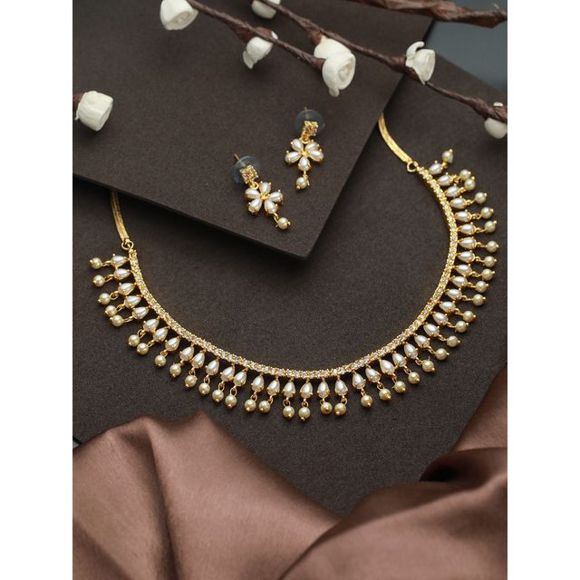 Priyaasi Gold Plated White Pearl AD - Studded Jewellery Set