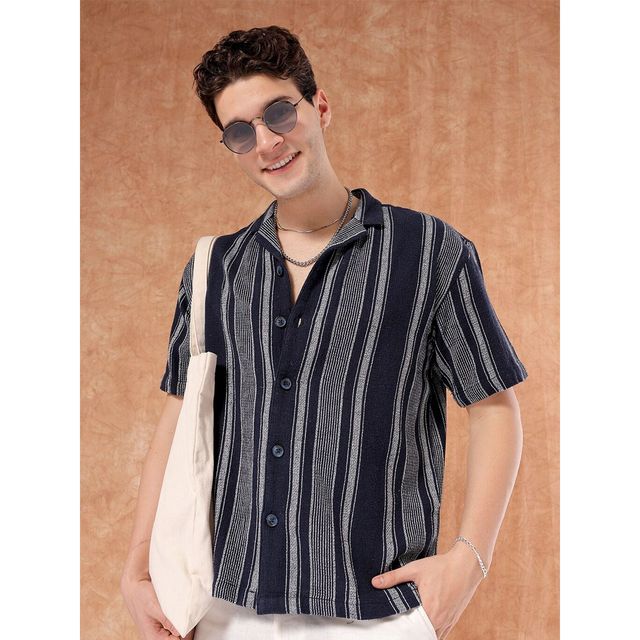The Indian Garage Co Men's Relaxed Fit Striped Resort Half Sleeve Shirt | Indigo - XL