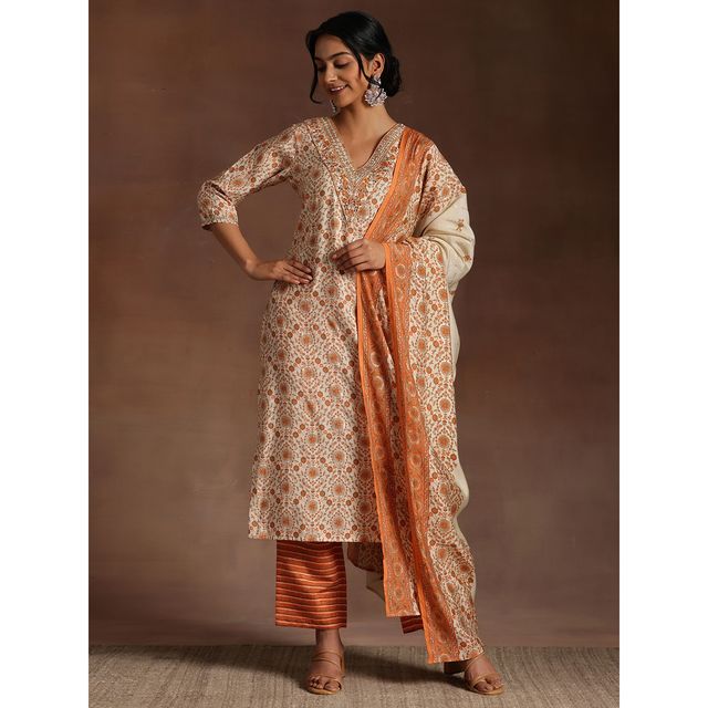 Libas Women's Orange Printed Silk Blend Straight Suit With Dupatta | XL