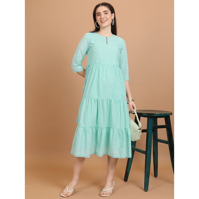Ketch Women Self Designed Keyhole Neck A-Line Midi Dress | Sea Green | XL