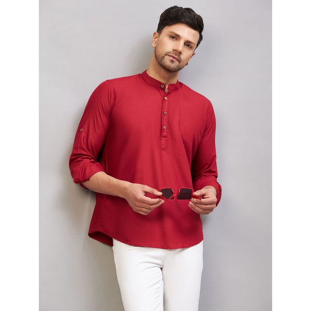 Vastramay Men's Cotton Blend Short Kurta | Maroon - XL
