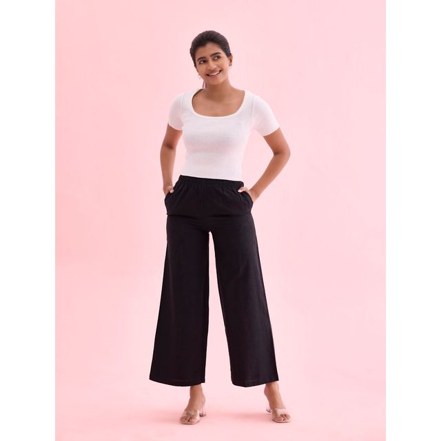 Go Colors Women's Solid Linen Palazzos | LPZ3 | Black - XL