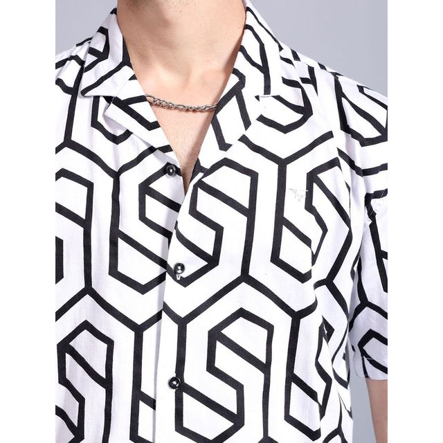 The Indian Garage Co Men's Relaxed Fit Geometric Print Party Half Sleeve Shirt | White - M