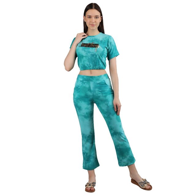 Duchess Women's Cotton Round Neck Printed top & Pyjama Co-ord Set | Light Cream Green - M