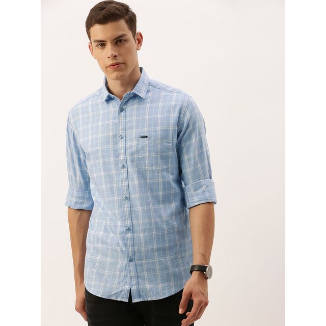 The Indian Garage Co Men's Slim Fit Checkered Casual Shirt | Blue - S