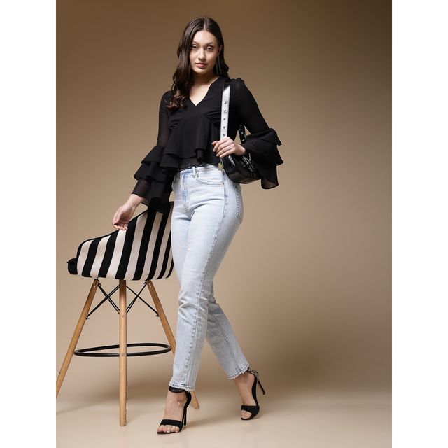 Freehand Women's Fit and Flare Solid Casual Ruffled Top | Black | M