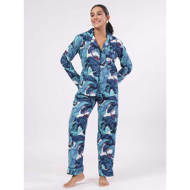 Sanskrutihomes Women's Tropical Cotton Nightwear | Blue - L
