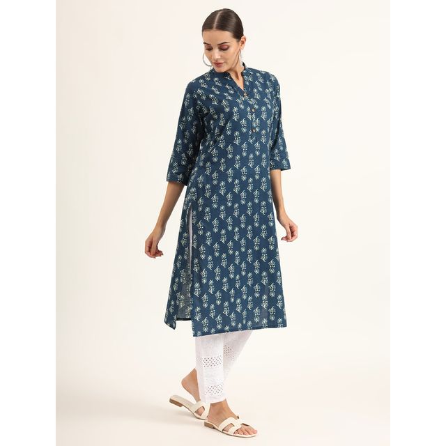 Divena Women s Blue Floral Print Pure Cotton Straight Kurta | DK2133 | L